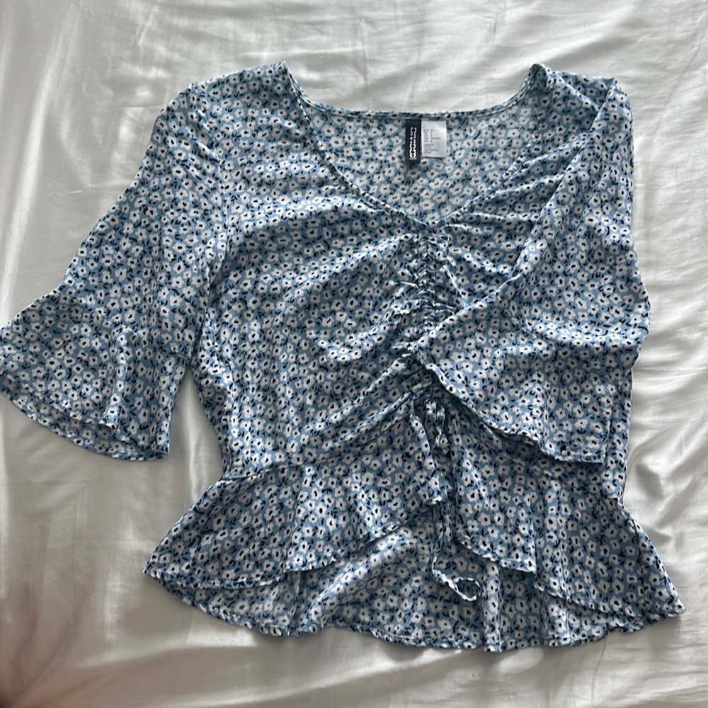 Cute Blue Crop Top with White Flowers